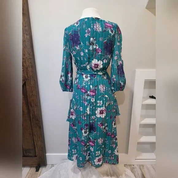 MAISON TARA Floral-Print Pleated Midi Dress NWT size 4 Teal/Blue - Picture 4 of 5